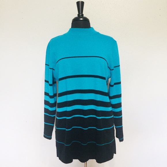 Karen Lessly Sweater Mock Neck Stripes Turquoise - Picture 1 of 4
